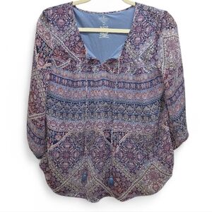 St. John's Bay Petite PS Boho Paisley V-Neck Blouse‎ Blue Mauve Long Sleeve Ties